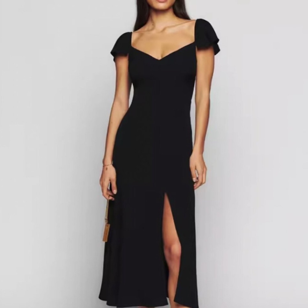 Reformation baxley flutter sleeve sweetheart neck crepe midi slit dress